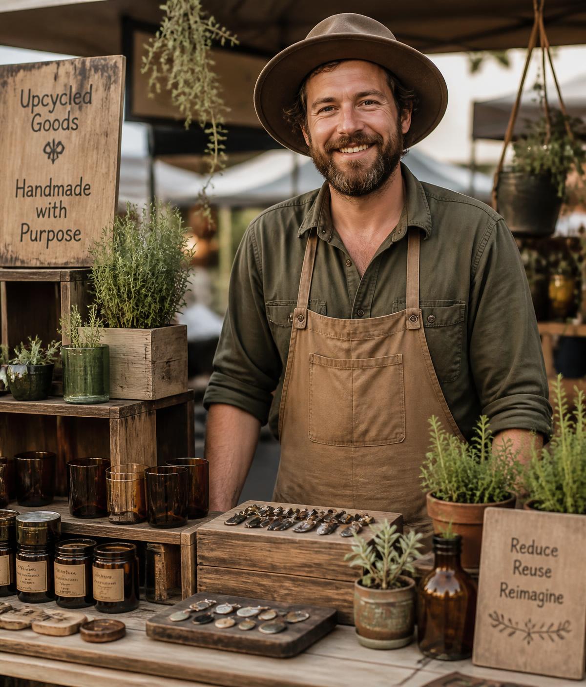 MonkeyMike smiling behind the Banana Stand market table of upcycled goods and herbs